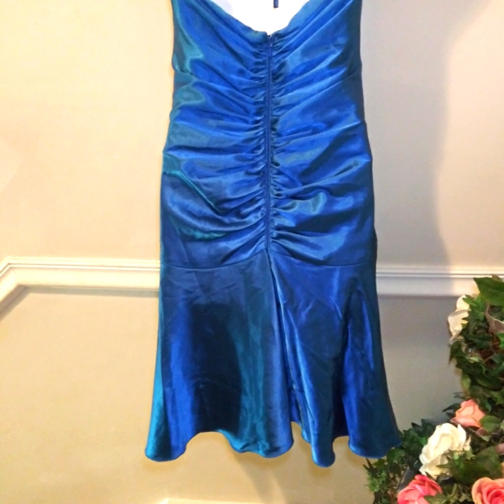 Vintage 90's Jessica McClintock Sexy Blue Satin & Rhinestone Ruched Halter Dress - Picture 7 of 11